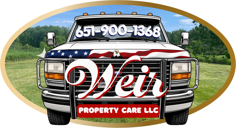 Weir Property Care LLC logo: a pickup truck with an American flag hood, 651-900-1368